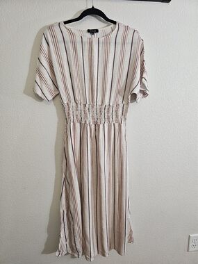 Roolee Striped Smocked-Waist Midi Dress - Cream/Brown